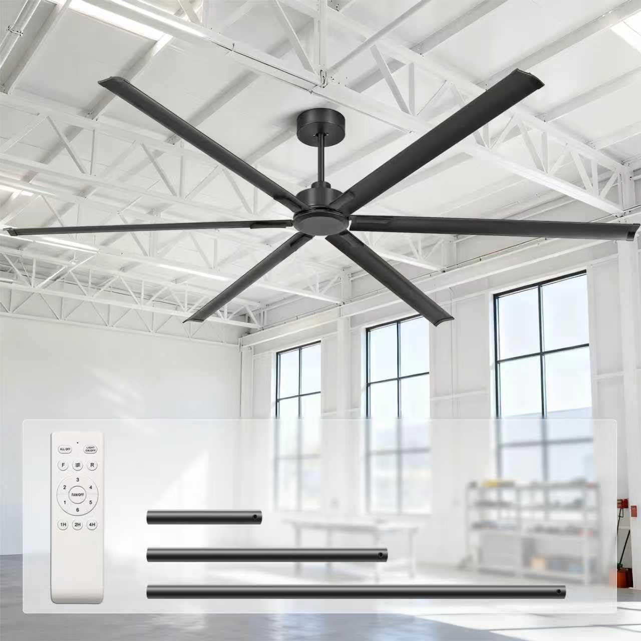 120 Inch Large Industrial Ceiling Fans, HVLS Commercial Fan with DC Reversible Motor, 6 Black Aluminum Heavy Duty Blades, 6-Speed, Timer, 10/20/40 Inch Downrods, for Shop/Barn/Garage (120 inch)